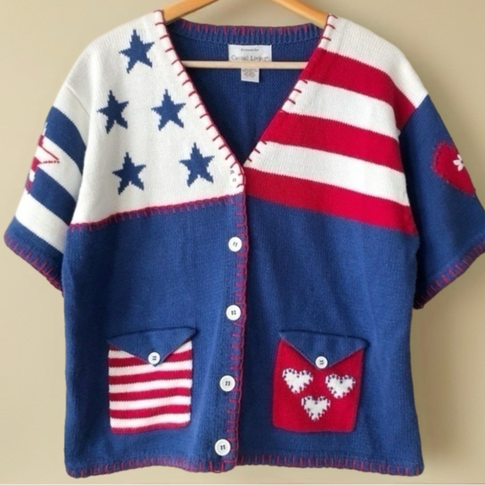 80s Vintage Americana Stars & Stripes Heart Patch Patriotic Cardigan Sweater XL - Picture 12 of 14